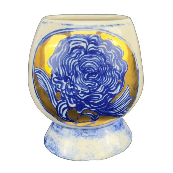 ANTHROPOLOGIE Ruan Hoffmann Jardin des Plantes Ceramic Blue & Gold White Vase - Picture 3 of 12